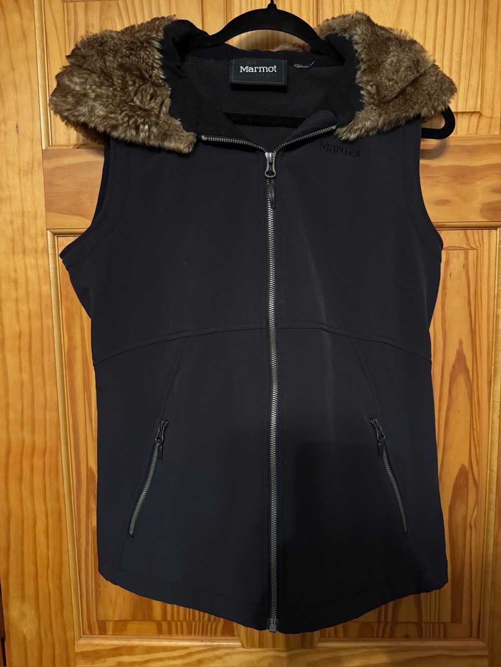 Marmot Women’s L Black Softshell Vest Faux Fur Hood Full Zip